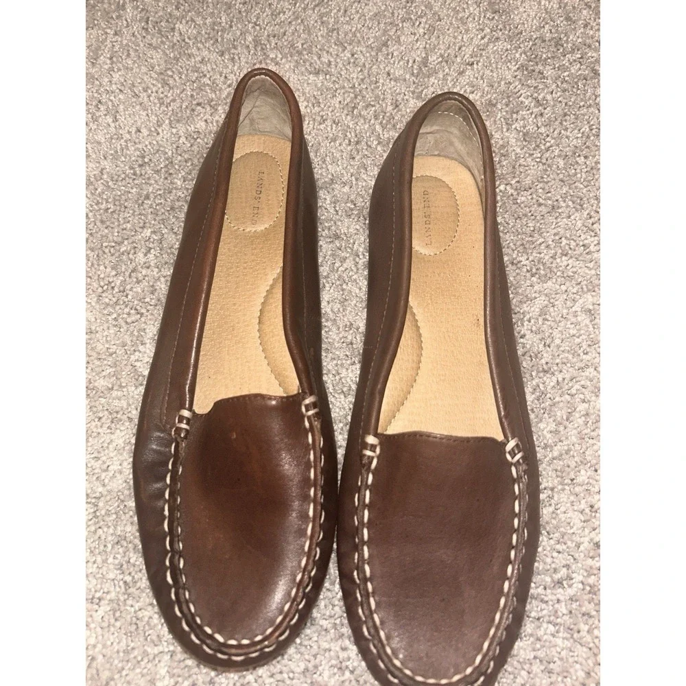 Lands End Leather Loafers Women's 9B Casual Slip On Brown Shoes Moccasin Style‎